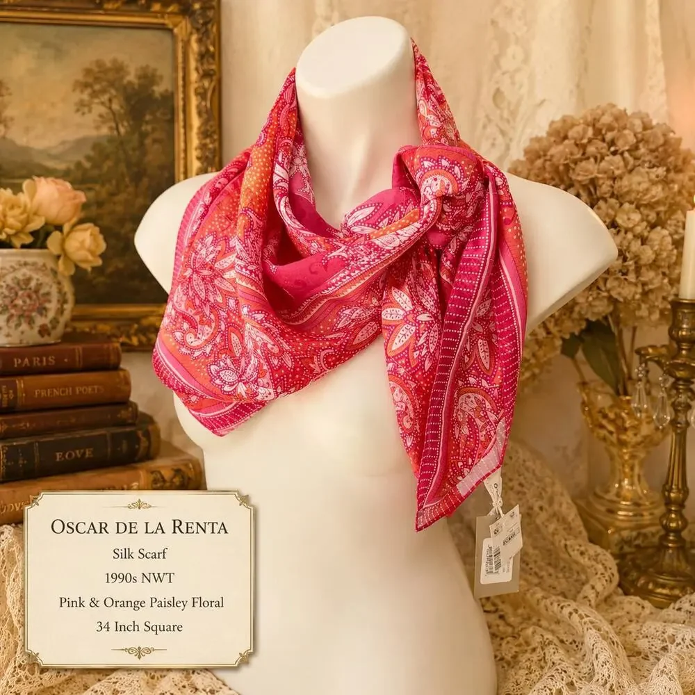 Vintage Oscar de la Renta Silk Paisley Floral Scarf 1990s NWT Pink Orange  34